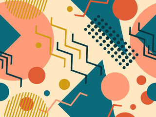 Geometric seamless pattern with triangles and dots. Memphis style. Retro fashion 80s background for wrapping paper, print, fabric and printing. Vector illustration