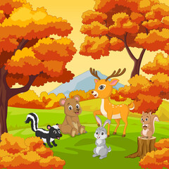 Cartoon happy animals with Autumn forest background