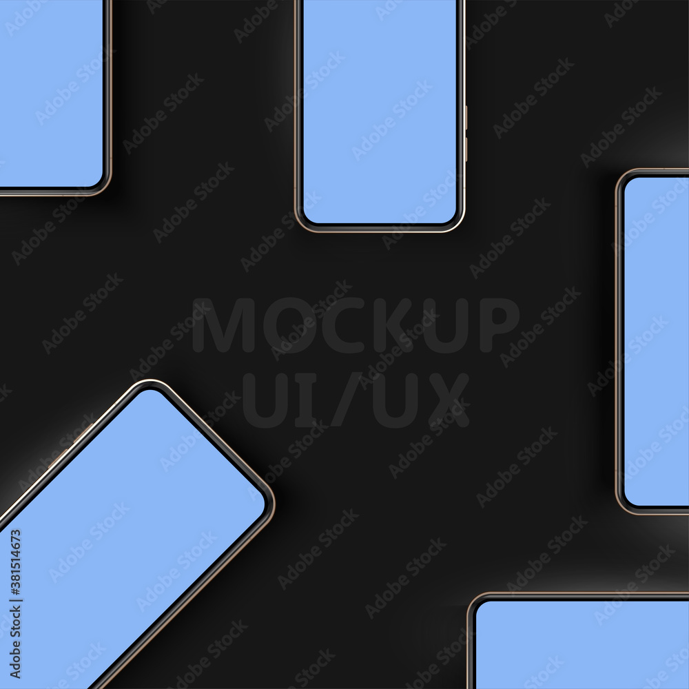 Poster High quality realistic trendy no frame smartphone with blank blue screen. Mockup phone for visual ui app demonstration. Vector mobile set device concept. Detailed Mockup Smartphone on black background