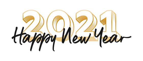 2021 Happy New Year creative script typography text logo lettering. 2021 New Years calligraphy with 3d type and hand script lettering. Vector logo design concept illustration