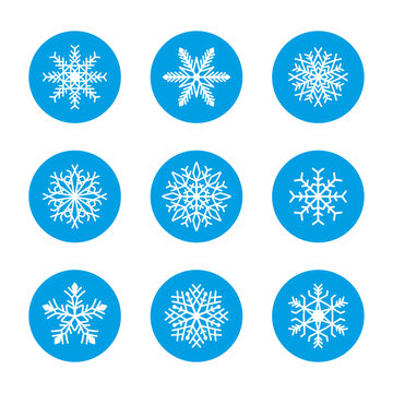 Snowflake icons set. Christmas style vector snowflakes in blue circle icon symbols