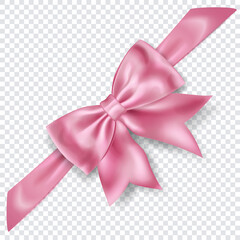 Beautiful pink bow with diagonally ribbon with shadow on transparent background. Transparency only in vector format