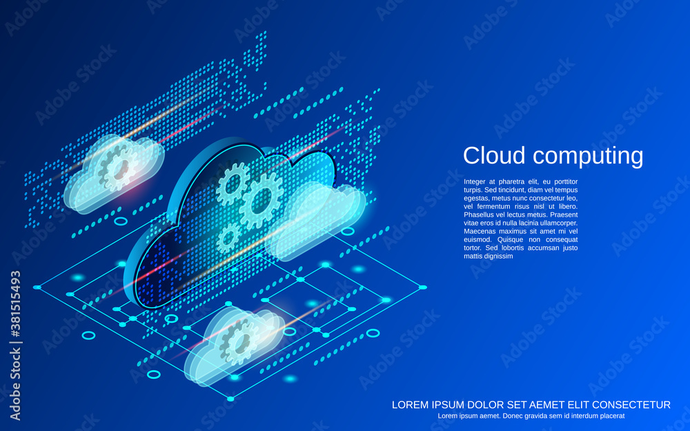 Poster cloud computing, network, data processing flat isometric vector concept illustration