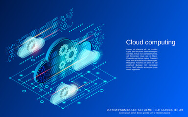 Cloud computing, network, data processing flat isometric vector concept illustration