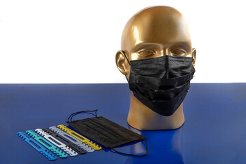 Prevent coronavirus. Medical mask, Medical protective mask isolated on blue background. Disposable...