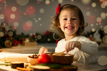 Cute little girl 2-4 with a red bow prepares Christmas gingerbread cookies in the New Year's...