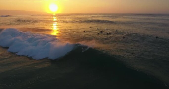 Pan left aerial, group of surfers in Hawaii at sunset