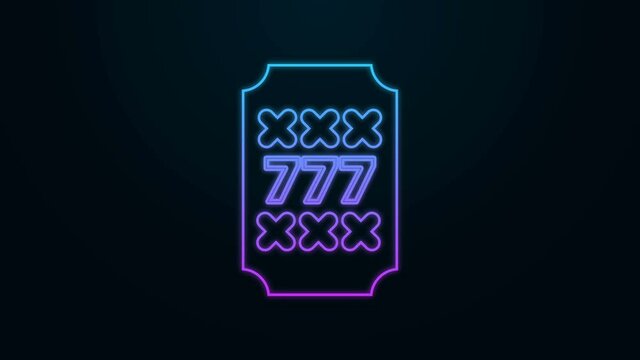 Glowing neon line Slot machine with lucky sevens jackpot icon isolated on black background. 4K Video motion graphic animation