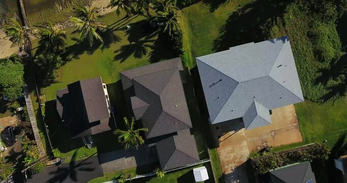 Overhead aerial, suburban neighborhood in Hawaii