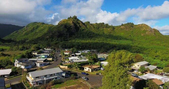 Wide aerial, neighborhood on O'ahu Island