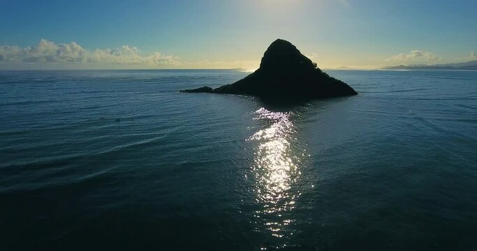 Wide aerial, tall tropical island in Hawaii