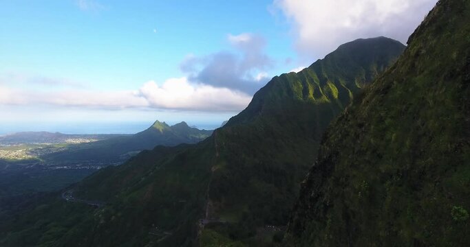 Wide aerial, Ho'omaluhia botanical garden mountains in Hawaii