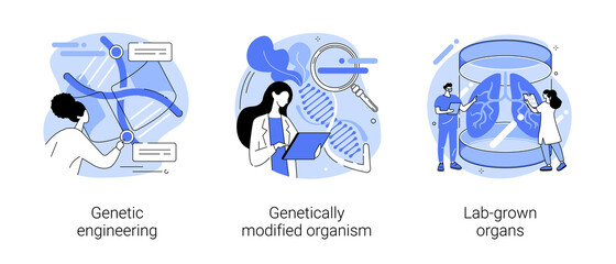 Bioengineering abstract concept vector illustration set. Genetic engineering, genetically modified organism, lab-grown organs, dna manipulation, stem cells, transplantation abstract metaphor. © Visual Generation