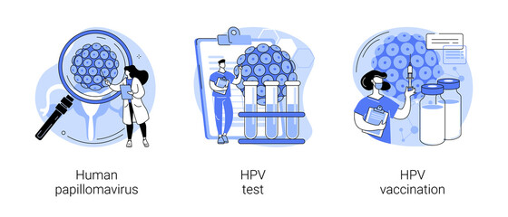 HPV infection abstract concept vector illustration set. Human papillomavirus, HPV test and vaccination, cervical cancer early diagnostics, laboratory sample, virus screening abstract metaphor.