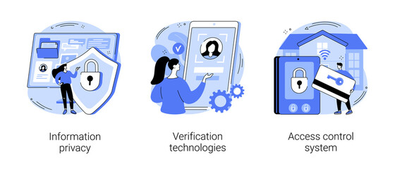 Digital security abstract concept vector illustration set. Information privacy, verification technologies, access control system, data access, user password, social media account abstract metaphor.