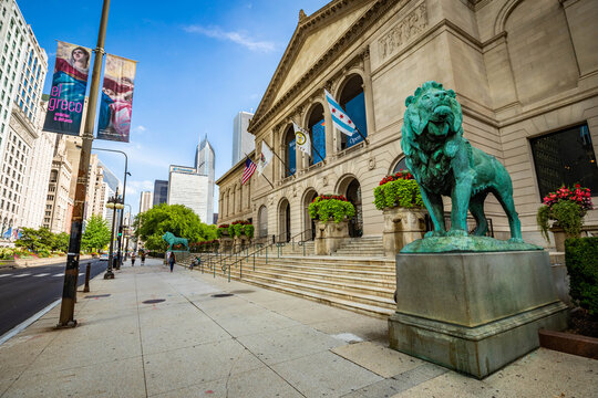 Chicago, IL / USA - 8/28/2020: Art Institute of Chicago Exterior view with lions