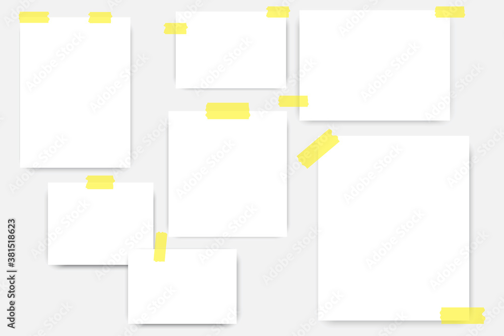 Poster note paper. blank sheets glued with tape. paper on the wall with scotch tape. vector illustration. s