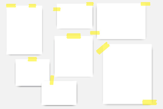 Note paper. Blank sheets glued with tape. Paper on the wall with scotch tape. Vector illustration. Stock image.