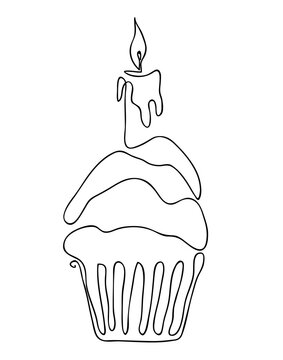 recommend clip art: Muffin with one candle isolated on white background. Hand drawn vector illustration line art style