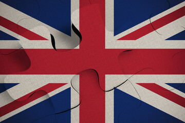 Fototapeta premium Composition of the concept of crisis and integration of a country United Kingdom FLAG PAINTED ON PUZZLE 3D RENDER