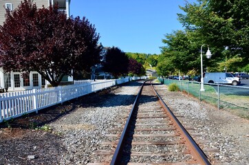 Railroad tracks crossing the Seneca Harbor Park, next to Seneca Lake, New York