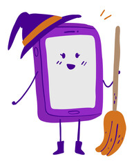 Phone witch holding a broom
