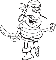 Black and white illustration of a smiling pirate holding a cutlass and a gold coin.