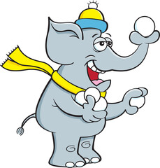 Cartoon illustration of an elephant throwing snowballs with it's trunk.
