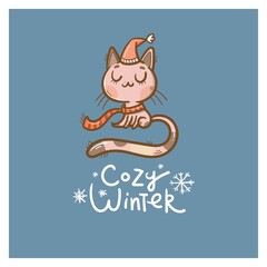 Winter card with cat in  scarf and hat. Cute cartoon kitten. Funny pet under the snow. Vector contour colorful image. 