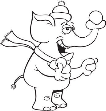 Black and white illustration of an elephant throwing snowballs with it's trunk.