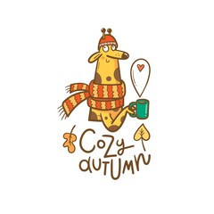Autumn card with  cute cartoon giraffe with  mug of tea. Funny animal with  hot drink. Vector contour colorful image.