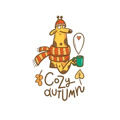 Fototapeta premium Autumn card with cute cartoon giraffe with mug of tea. Funny animal with hot drink. Vector contour colorful image.