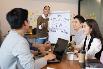 Group of Happy young business Startup coworkers working Brainstorming together to get ideas and marketing plan at office,Business Startup Diversity Concept