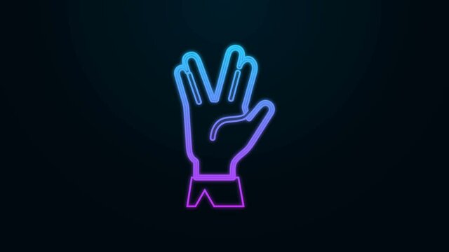 Glowing neon line Vulcan salute icon isolated on black background. Hand with vulcan greet. Spock symbol. 4K Video motion graphic animation