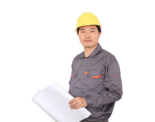 Migrant worker wearing yellow hard hat holding drawings in hand in front of white background