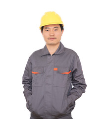 Male worker wearing yellow hard hat in front of white background