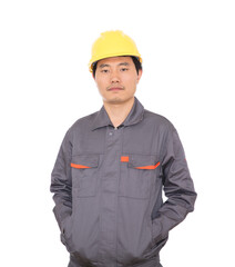 Male worker wearing yellow hard hat in front of white background