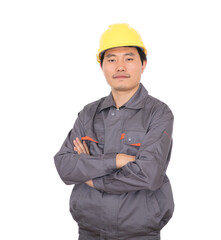 Migrant worker wearing yellow hard hat holding hands standing in front of white background