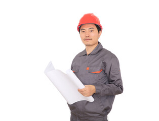 A construction worker wearing a red hard hat is holding drawing in front of a white background