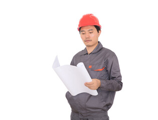 A construction worker wearing a red hard hat is holding drawing in front of a white background