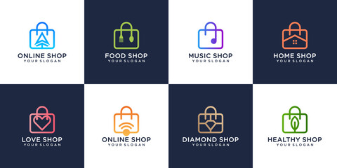 Creative colorful shopping bag logo collection, with line art style