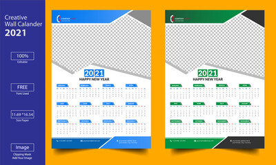 Editable Wall Calendar 2021, Set Wall Calendar template design. Set of 12 Months