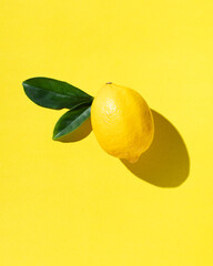 Ripe lemon with a hard shadow on yellow background. Minimum summer background. Concept of healthy eating.