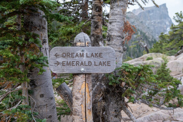 Sign for directions to Dream and Emerald Lake in Rocky Mountain National Park on the hiking trail