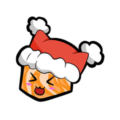 Cute cartoon salmon sushi smile with Christmas red hat, icon, emoji element on white silhouette. Doodle black line decoration for logo, planner, card and any design. Vector illustration about holiday.