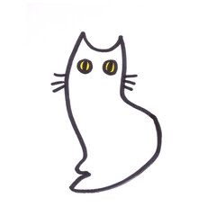 stylized seated white cat, graphic black and white drawing on a white background