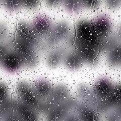 Seamless rain drop water repeat pattern on blur. High quality illustration. Realistic digital render of water droplets and drips on a blurred out pattern background. Pure water with light refraction.