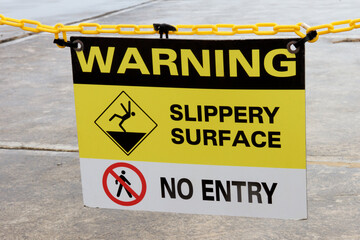 Warning: Slippery surface, no entry sign.