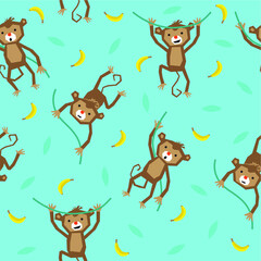 seamless pattern cute monkey in light blue background with leaf and banana ornament
