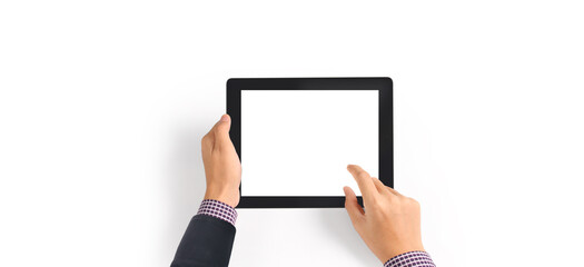 Hands holding tablet touch screen